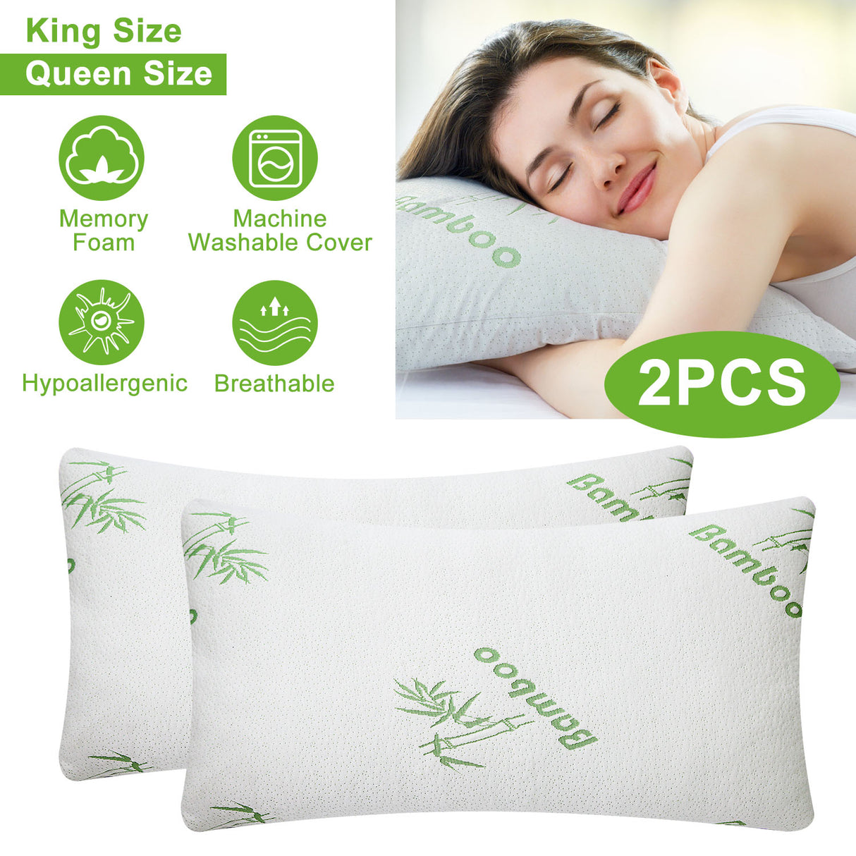 2Pcs Or 1Pcs Bamboo Memory Foam Pillow Hypoallergenic Bed Pillow For Head Neck Rest Sleeping Shredded Pillow Washable Cover Queen Size Pillow