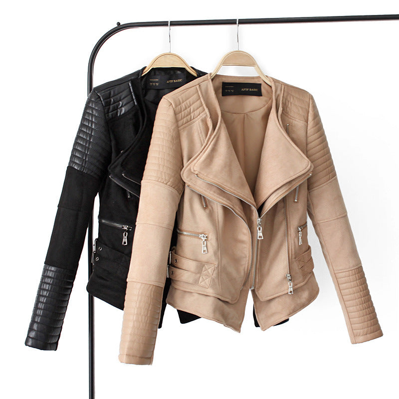 Spliced Faux Leather Suede Jacket Women Black Moto Coat Punk Camel Suede jaquetas couro Casaco chaquetas PU Slim Jacket