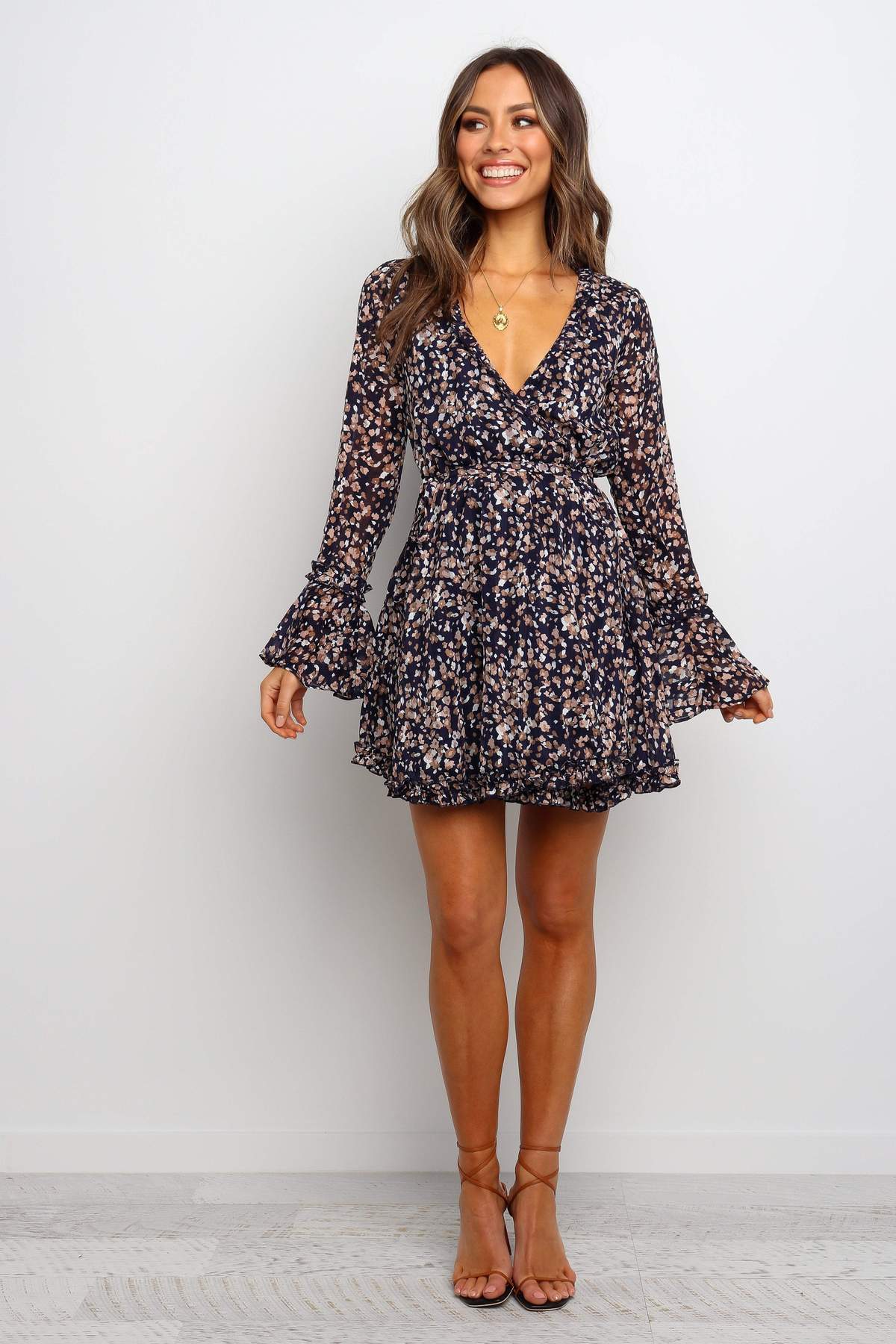 Long sleeve flared sleeve dress