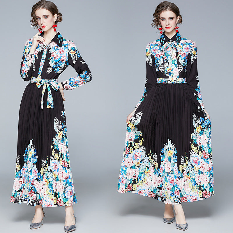 Lapel Long Sleeve Shirt Long Pleated Dress