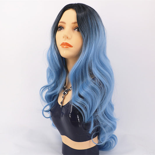 Ladies Black And Blue Gradient Long Curly Hair, High Temperature Silk