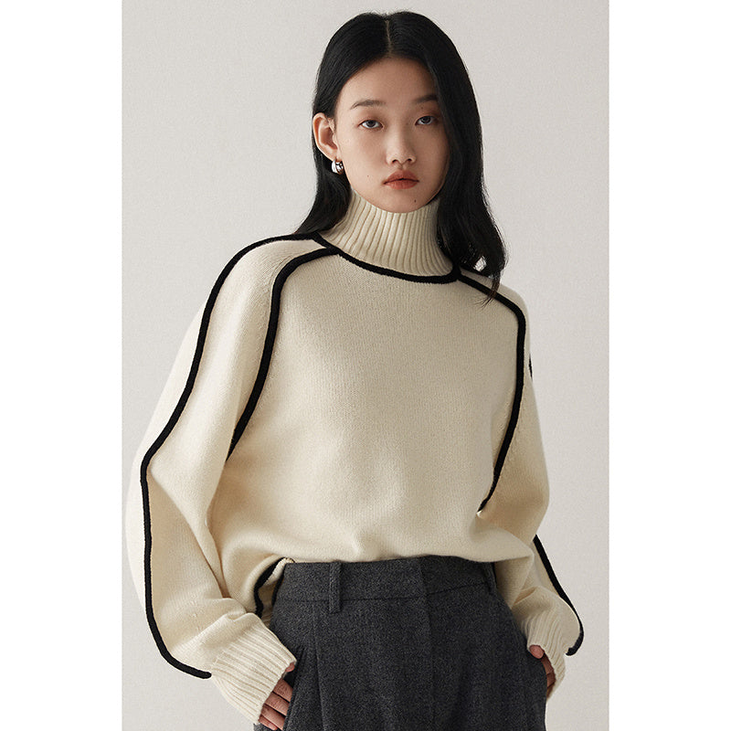 Contrast High Neck Raglan Lantern Sleeve Sweater For Women
