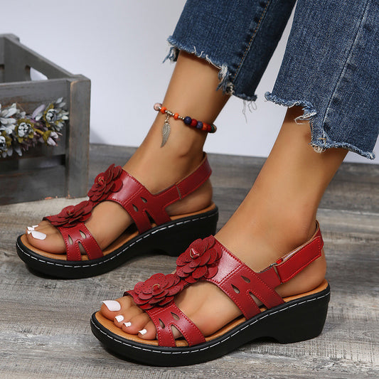 Women's Fashion Casual Retro Floral Slope Heel Sandals