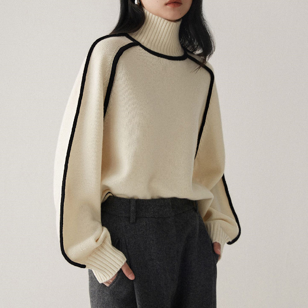 Contrast High Neck Raglan Lantern Sleeve Sweater For Women