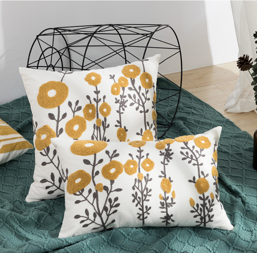 Sofa Seat Pillow Cover Cotton Chain Embroidered Lumbar