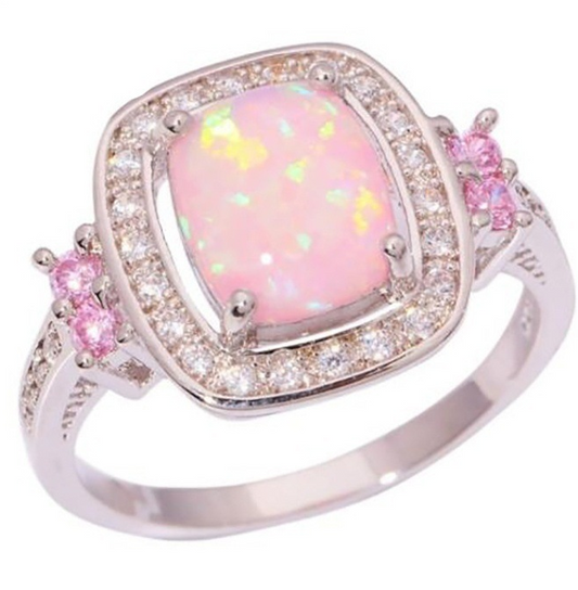 Austrian Crystal Rose Opal Ring Fashion Jewelry Wholesale New Luxury Women Gift Silver Color Big Square Opal Fire Rings