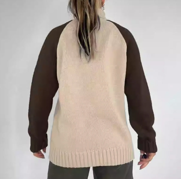 Contrast Color Raglan Embroidered Turtleneck Loose All-match Long Sleeve Sweater
