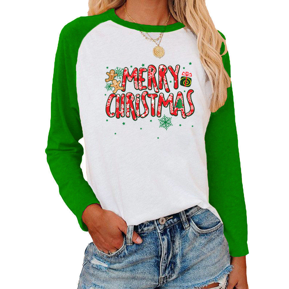 Christmas Pattern Printed Raglan Color Contrast Long Sleeve T-shirt Women