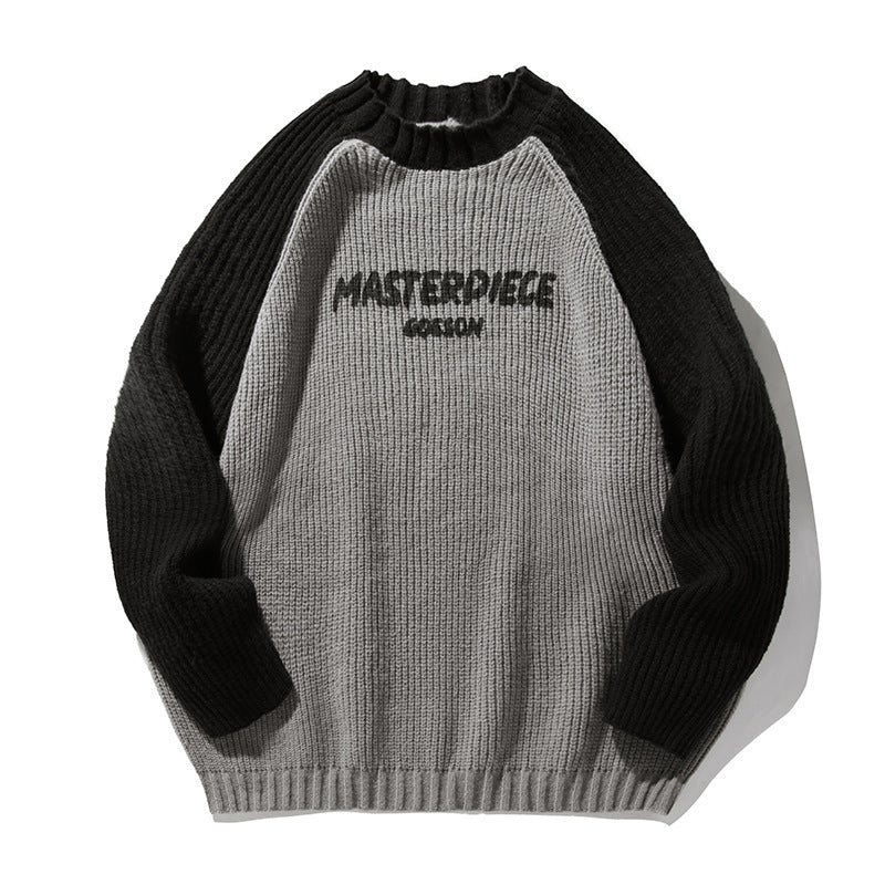 Raglan Sleeve Color Contrast Patchwork Design Sweater Thick Needle Texture American Letters