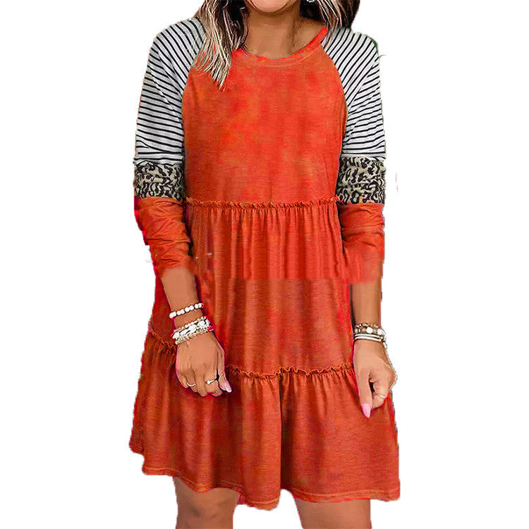Women's Ruffled Round Neck Pullover Long Sleeve Dress