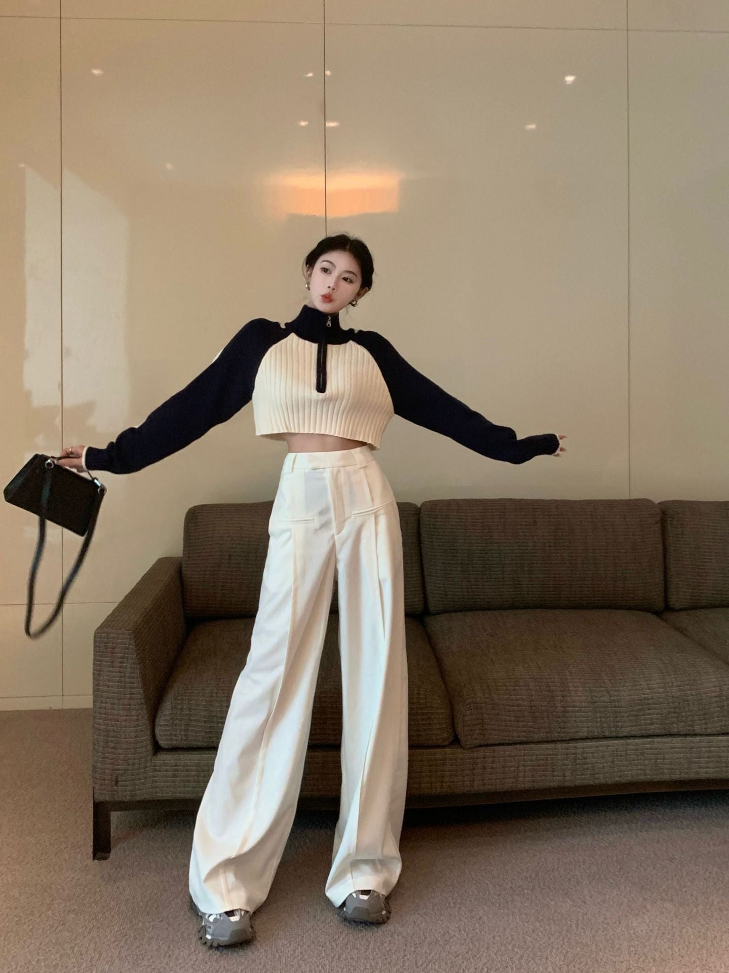 Sweet Cool Korean Style Women's Contrast Color Sweater Autumn And Winter New High Waist Raglan Sleeve Zipper Short Sweater