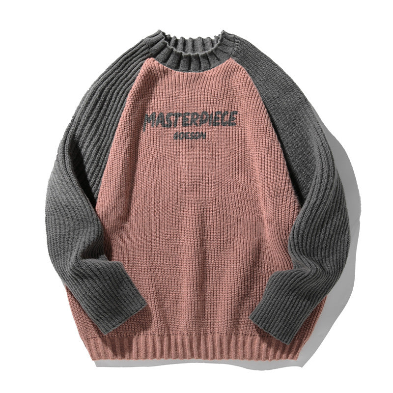 Raglan Sleeve Color Contrast Patchwork Design Sweater Thick Needle Texture American Letters
