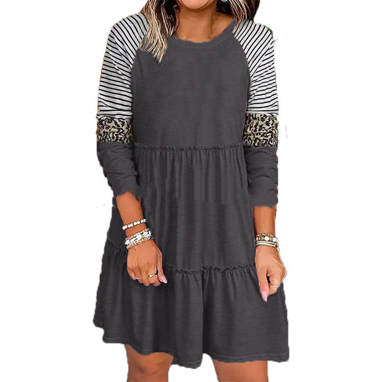 Women's Ruffled Round Neck Pullover Long Sleeve Dress