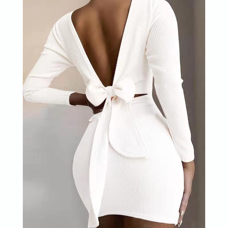 Women's Drawstring Ruffled Long Sleeve Dress