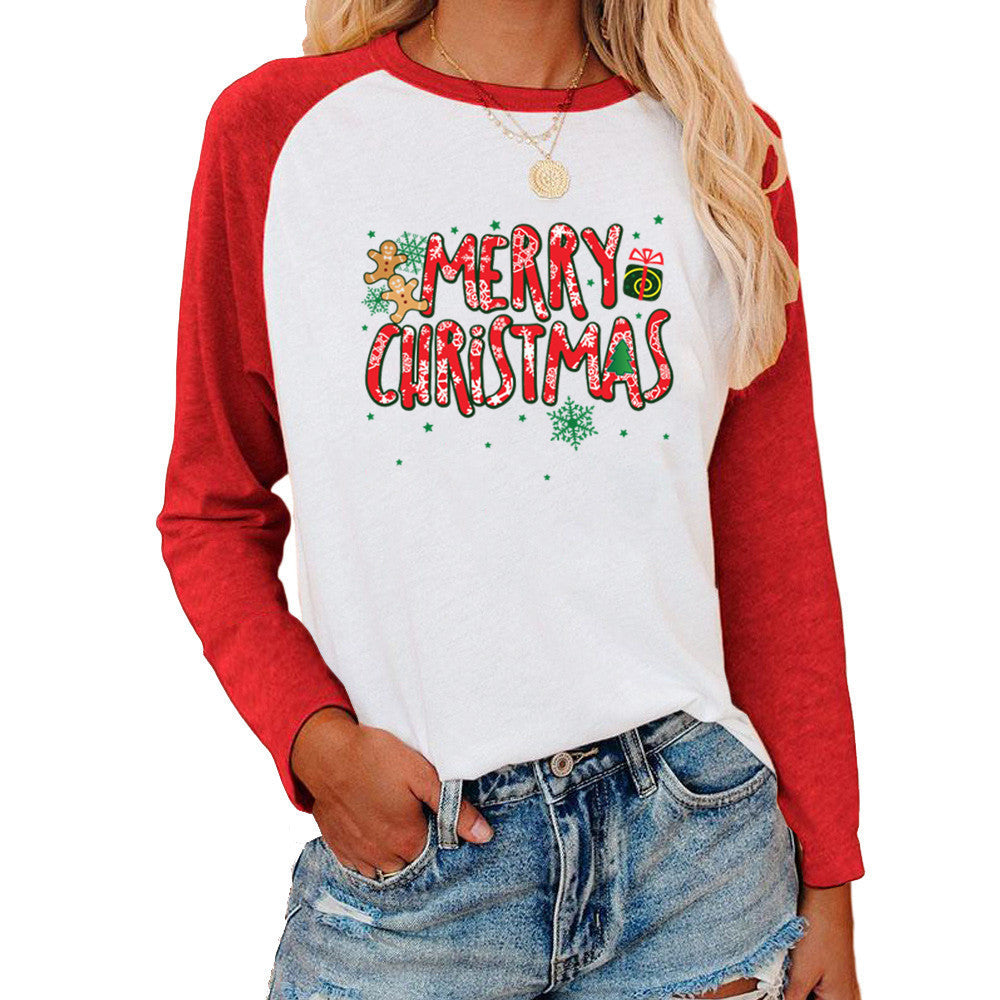 Christmas Pattern Printed Raglan Color Contrast Long Sleeve T-shirt Women