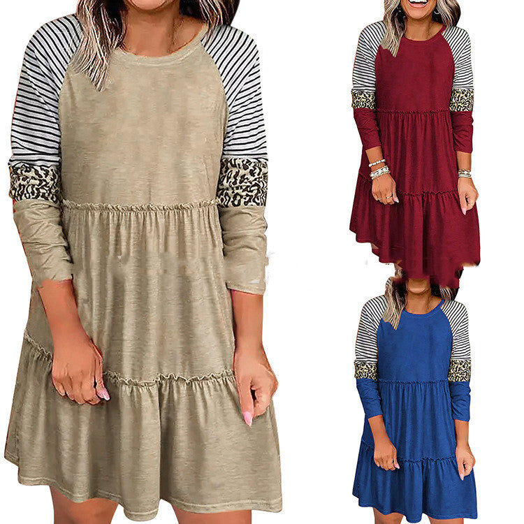 Women's Ruffled Round Neck Pullover Long Sleeve Dress