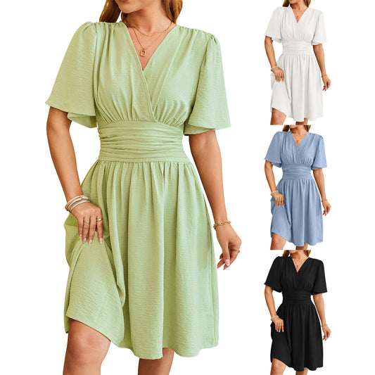 V-neck Short-sleeved Dress Fashion Bell-sleeved Dress Summer Womens Clothing