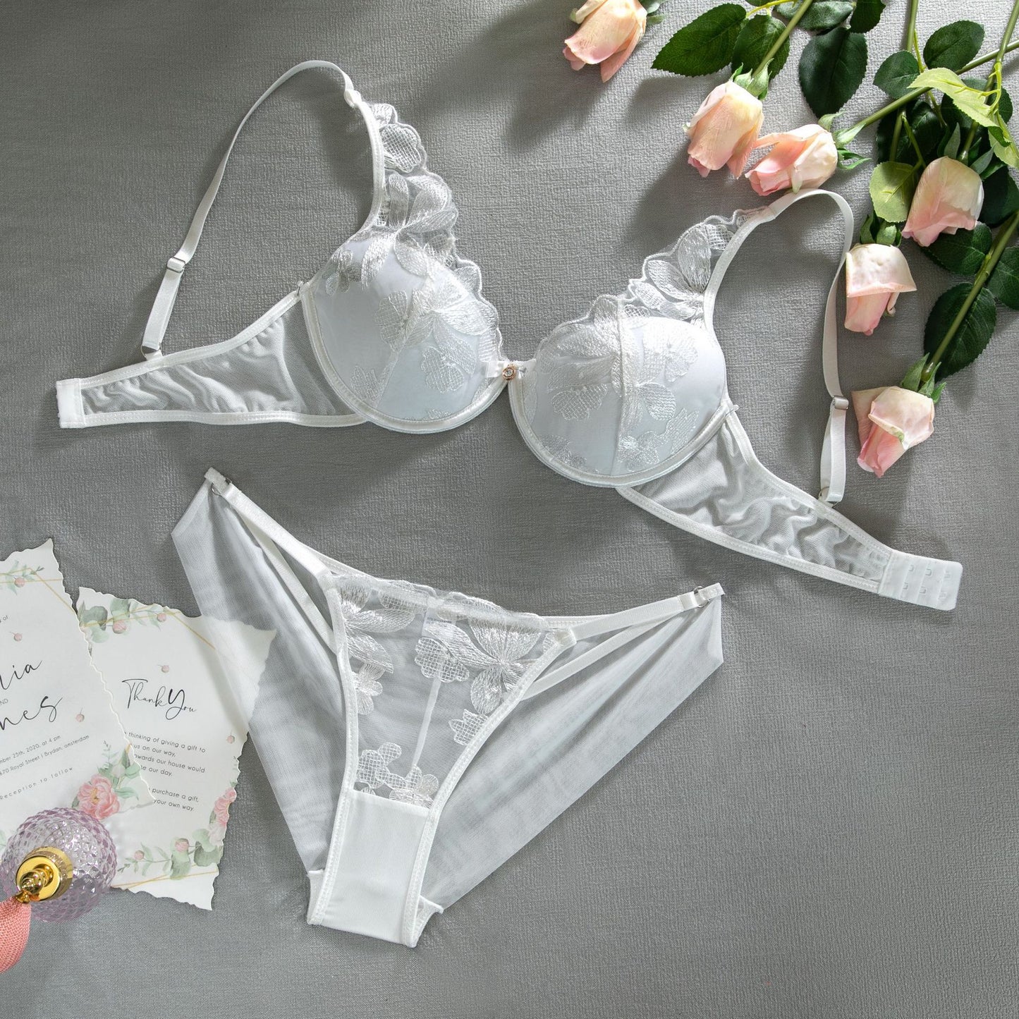 Hollow Out Embroidery With Bra Pad Underwear Set For Women