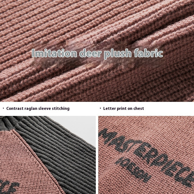 Raglan Sleeve Color Contrast Patchwork Design Sweater Thick Needle Texture American Letters