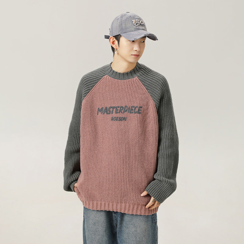 Raglan Sleeve Color Contrast Patchwork Design Sweater Thick Needle Texture American Letters