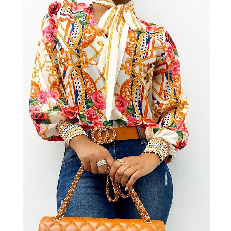 Long Sleeve Printed Top Lace Up Top