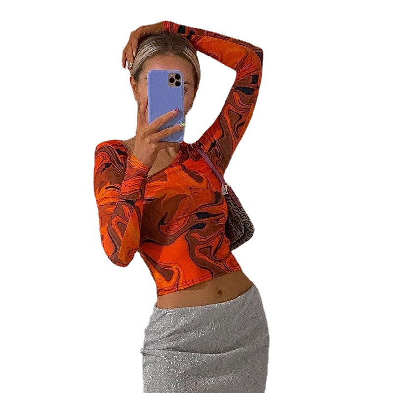 Sloping Shoulder Design Sense Abstract Asymmetric Print Hit Color T-shirt