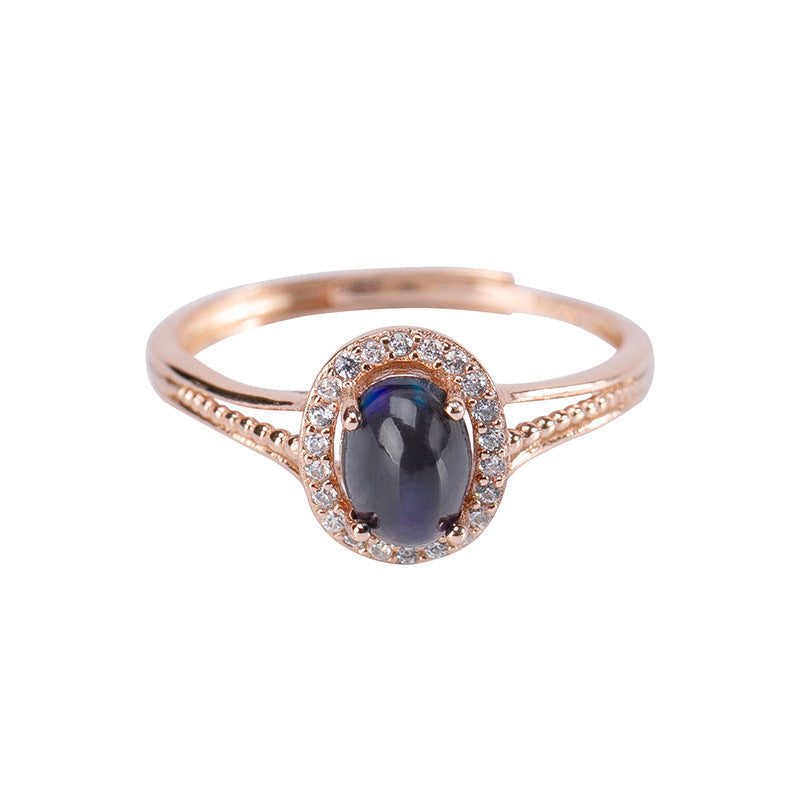 S925 Sterling Sølv Rose Guldbelagt Indlagt Naturlig Sort Opal Ring