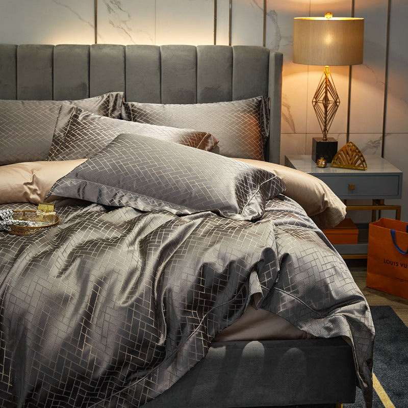 Europæisk stil Luksus 140 High-end Brocade Jacquard Sengetøj i 4 dele Bomuld Satin Dynebetræk Sengelagen Dyne 18 Sengetøj