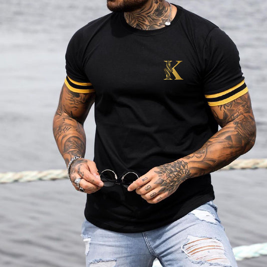 Men's Fashion K Multicolor Printing Casual Slim-fit Short Sleeve T-shirt Summer Outdoor Sports Running Top