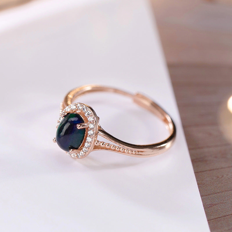 S925 Sterling Sølv Rose Guldbelagt Indlagt Naturlig Sort Opal Ring