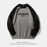 Raglan Sleeve Color Contrast Patchwork Design Sweater Thick Needle Texture American Letters