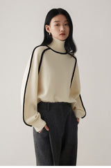 Contrast High Neck Raglan Lantern Sleeve Sweater For Women