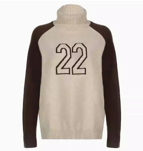Contrast Color Raglan Embroidered Turtleneck Loose All-match Long Sleeve Sweater