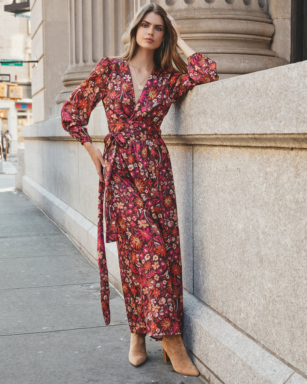 Women's Printed Long Sleeve Kimono Long Dress