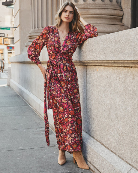 Women's Printed Long Sleeve Kimono Long Dress
