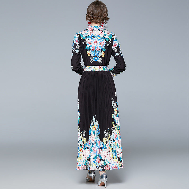 Lapel Long Sleeve Shirt Long Pleated Dress