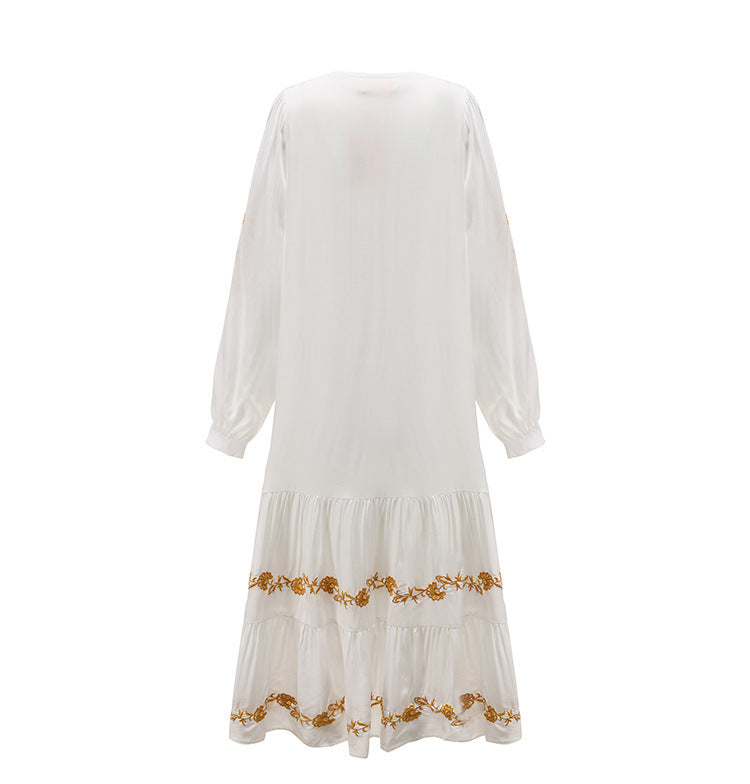 V-neck Embroidered Loose Dress Embroidered Long Skirt