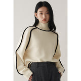 Contrast High Neck Raglan Lantern Sleeve Sweater For Women