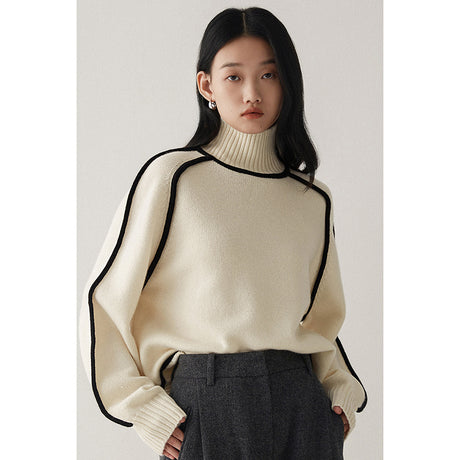 Contrast High Neck Raglan Lantern Sleeve Sweater For Women