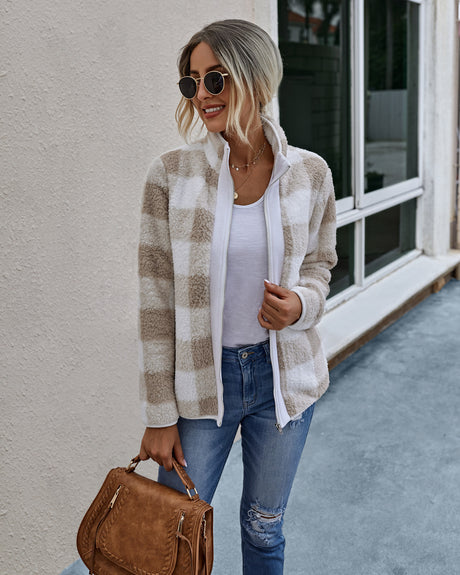 Plaid zipper pocket women plush jacket