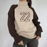 Contrast Color Raglan Embroidered Turtleneck Loose All-match Long Sleeve Sweater