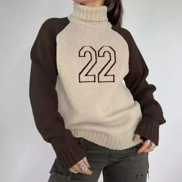 Contrast Color Raglan Embroidered Turtleneck Loose All-match Long Sleeve Sweater
