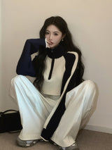 Sweet Cool Korean Style Women's Contrast Color Sweater Autumn And Winter New High Waist Raglan Sleeve Zipper Short Sweater
