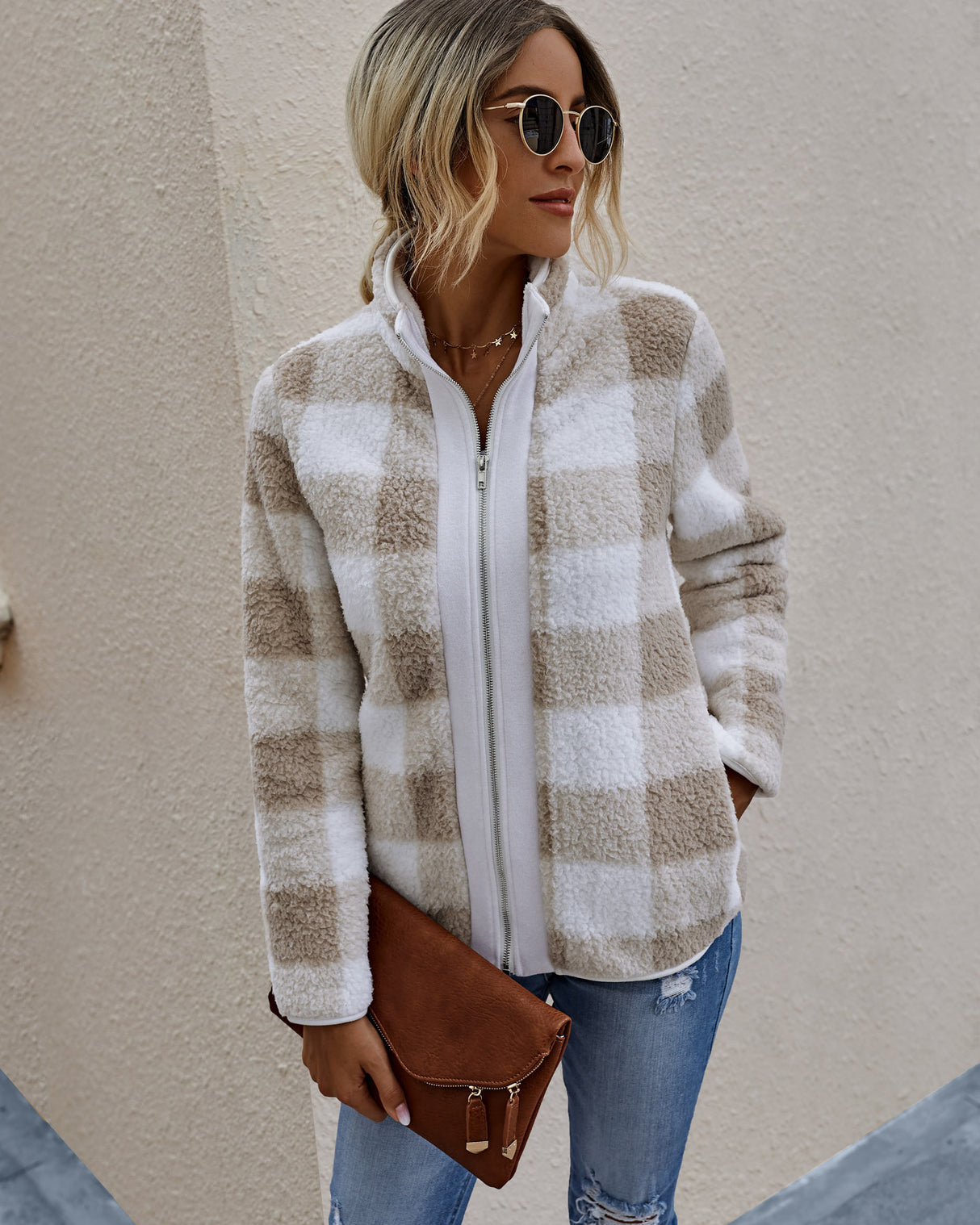 Plaid zipper pocket women plush jacket