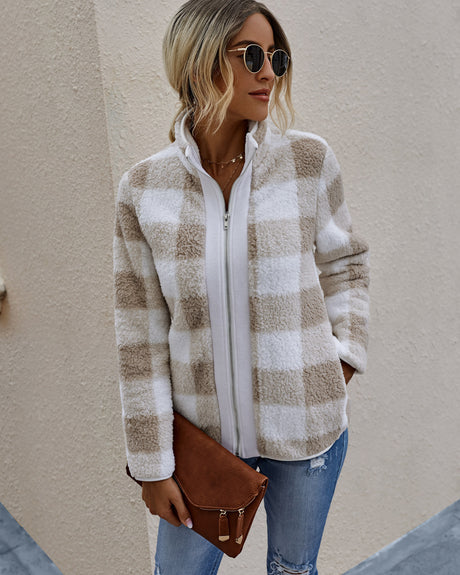 Plaid zipper pocket women plush jacket