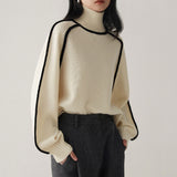 Contrast High Neck Raglan Lantern Sleeve Sweater For Women