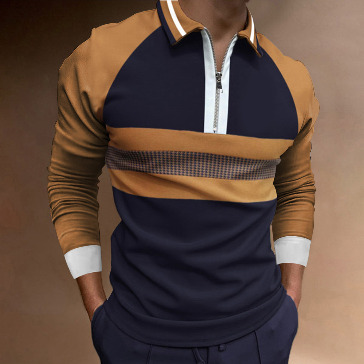 Men's 3D Printed Raglan Zipper And Lapel Long Sleeve