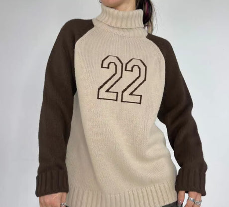 Contrast Color Raglan Embroidered Turtleneck Loose All-match Long Sleeve Sweater