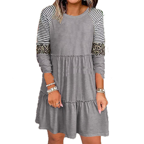 Women's Ruffled Round Neck Pullover Long Sleeve Dress