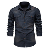 Men's Long-sleeved Denim Shirt Casual Solid Button Slim Tops Clothing